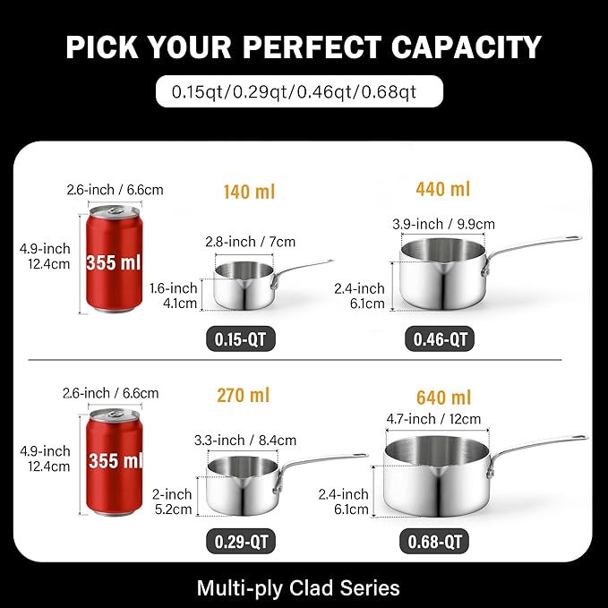Cooks Standard Stainless Steel Butter Warmer 0.15 QT, Multi-Ply Clad Small Sauce Pan, 140ml Mini Butter Chocolate Milk Melting Pot with Pour Spout Cooking Pot ideal for Chefs, Baristas