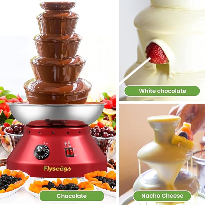 Chocolate Fountain Commercial Hot Chocolate Fondue Tower 5 Tier 7-Pound Large Capacity Stainless Steel Chocolate Melting Heating Machine for Nacho Cheese Liqueurs Party Wedding (Vintage Red)