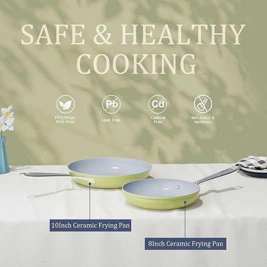 Nonstick Ceramic Frying Pan 10" Non Toxic Cooking Skillet for Eggs Pancakes & Stir Fry Even Heat Distribution PTFE/PFOA/PFAS Free Oven Safe Up to 500°F All Cooktops Compatible, Olive Green