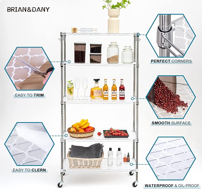 BRIAN & DANY Wire Shelf Liner 14" X 30", Heavy Duty Shelf Liners for Wire Shelving, Waterproof Protector Mats, Set of 5, Quatrefoil Grey