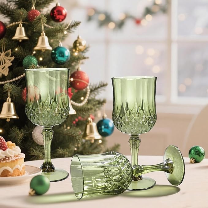 24 Pcs 7oz Plastic Wine Glasses Cup, Crystal Unbreakable Water Goblet, Plastic Vintage Green Goblets Glassware Drinking Glasses for parties Baby Shower Wedding Reception Grand Event Party (Dark Green)