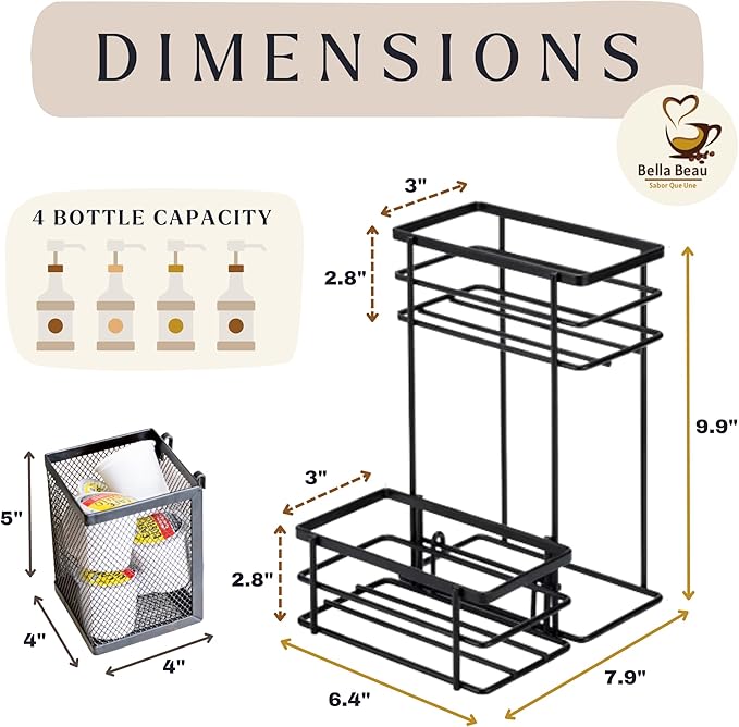 Bella Beau Coffee Syrup Organizer, Coffee Syrup Dispenser, w/Moveable Mesh, Syrup Rack, Tea Station Stand for Countertop, Holds 4 Bottles, Tea Bar Accessories for Countertop