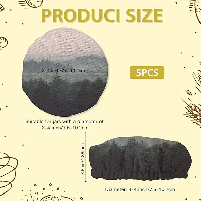 Sourdough Starter Jar Covers,5-Pack Reusable Misty Forest Trees Landscape Cloth Lids for 3-4 Inch Jars,Ideal for Kombucha Kefir or Cheese Fermentation