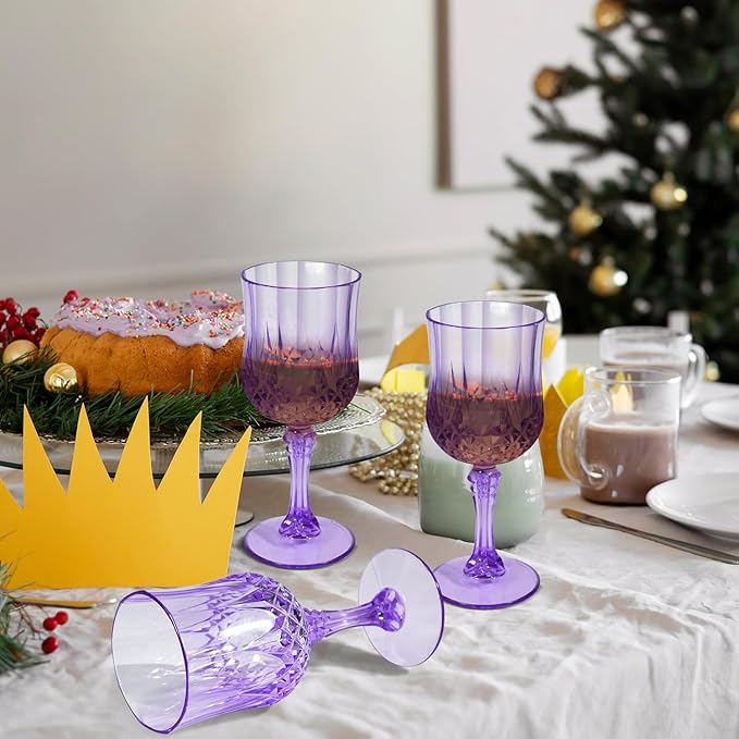 24 Pcs Plastic Purple Wine Drinking Glasses, Plastic Water Goblets Purple Vintage Reusable Drinkware Vintage Champagne glassware for Wedding Reception Grand Event Party, 7oz