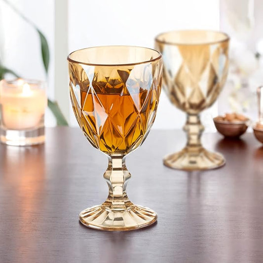24 Pcs Vintage Wine Glasses, 10 Ounce Colored Glass Water Goblets, Unique Embossed Pattern High Clear Stemmed Glassware Wedding Party Bar Glass Drinking Cups Fancy Wine Glasses Amber Set of 24