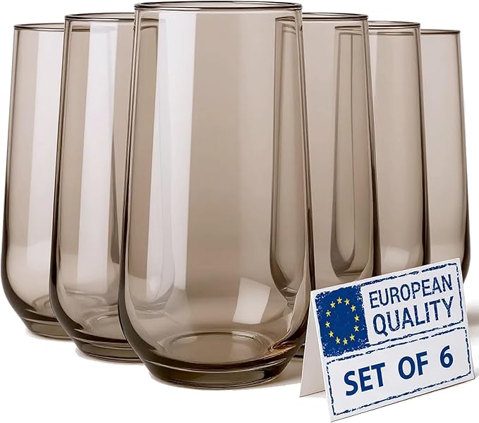Smokey Sand Drinking Glasses Set of 6 | 16 oz Sand Glass Cups | Highball Drinkware for Cocktails, Long Drink, Water, Mojito, Juice, Soda