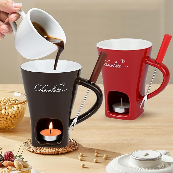 Sweet Fondue Cup for Chocolate Cheese Candy Butter - Chocolate Fondue Mug with Fork & 4 Candle, Mini Ceramic Chocolate Melting Cup, Personal Chocolate Melting Pot for Date Night Birthday (Coffee)