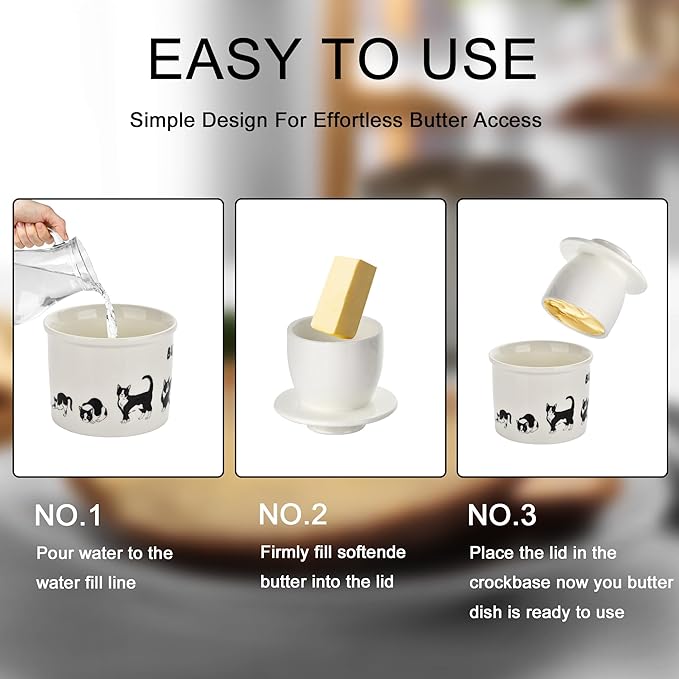 Cat Butter Crock - French Style Ceramic Butter Keeper and Butter Dish with Lid, Black and White Kitten Butter Holder for Countertop Storage, Airtight Container for Soft, Spreadable Butter