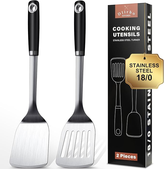 Stainless Steel Spatula Set, 2 Piece Heavy Duty Turner/Metal Spatula, High Heat Resistant Kitchen Cooking Utensils, Ideal Cookware for Frying Steak, Fish, Eggs or Pancakes