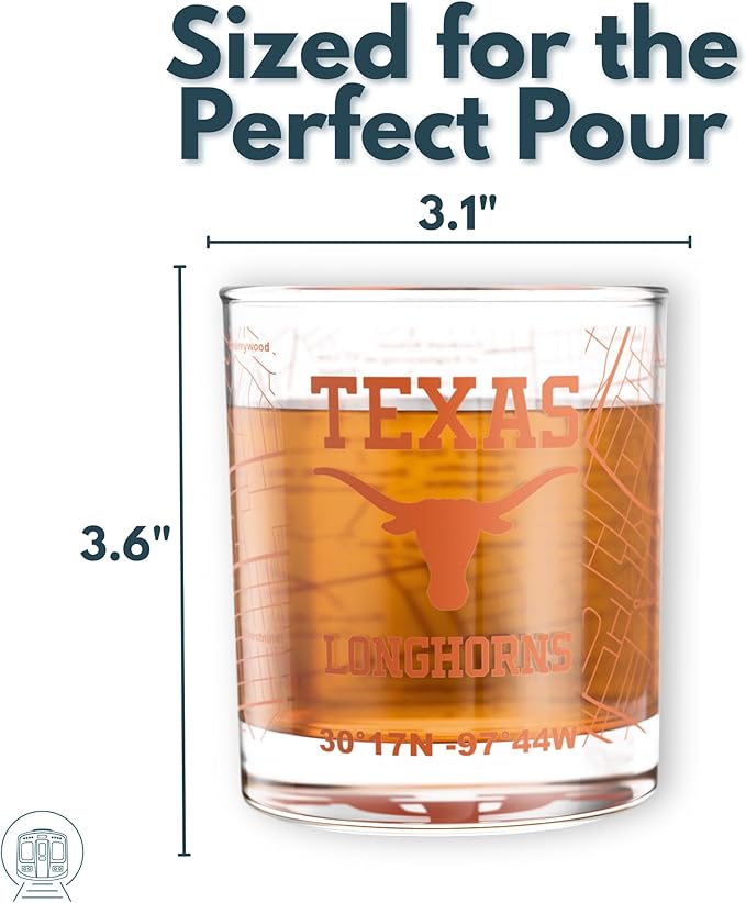 Greenline Goods – University of Texas Longhorns College Whiskey Glasses (Set of 2), 10 oz – Full-Color Logo + Campus Map
