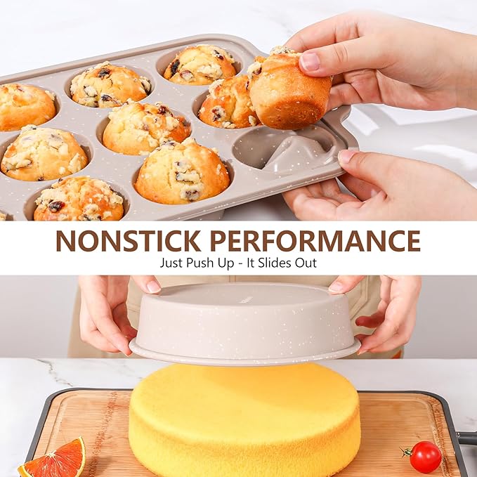 Vinino 6-Piece Baking Pans Set Nonstick, Bakeware Set includes Silicone Muffin, Loaf, Cake Pans with Metal Reinforced Frame. And includes Carbon Steel Roasting Pan, Cookie Sheet for Oven