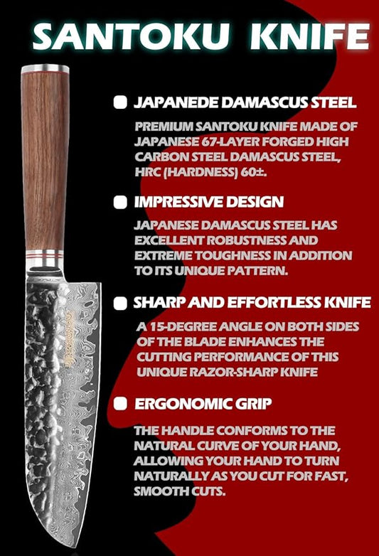 YOUSUNLONG Santoku Knives 7 inch Professional Chef Knife Asian knife Japanese Hammered Damascus Steel Natural Walnut Wooden Handle