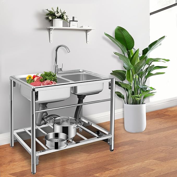 Commercial Stainless Steel Double Bowl Kitchen Sink, Outdoor Utility Sink with Hot and Cold Faucet, Free Standing Restaurant Sink for Restaurant, Kitchen, Laundry, Garage, Cafe, 31.5" x 16.9" x 29.5"
