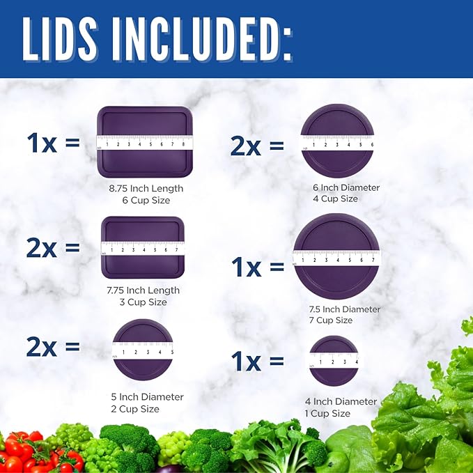 Replacement Lids for Pyrex Glass Food Storage Containers Rectangular (1) 1-Cup (2) 2-Cup (2) 4-Cup (1) 7-Cup (2) 3-Cup (1) 6-Cup Round Rectangle (Purple)