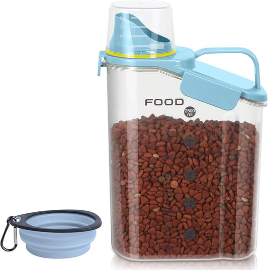 3-5 LBS Cat Dog Food Storage Container Upgraded Large Nozzle BPA-free, Plastic Pet Food Storage Containers With 4 Sealed Clasps, 1 Measuring Cup and With Folding Bowl (Blue 1Pack)