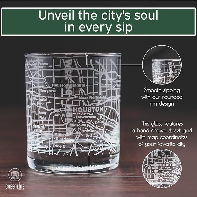 Greenline Goods Whiskey Glasses - 10 Oz Tumbler Gift Set for Houston lovers, Etched with Houston Map | Old Fashioned Rocks Glass - Set of 2