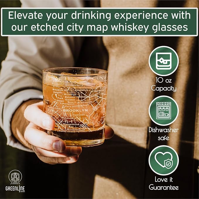 Greenline Goods Whiskey Glasses - 10 Oz Tumbler Gift Set for Brooklyn lovers, Etched with Brooklyn Map | Old Fashioned Rocks Glass - Set of 2