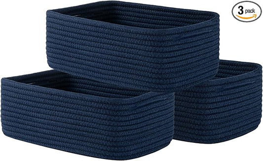 Small Woven Basket, 12 x 8 x 4.5 Inches, Storage Basket for Organizing, Cute Small Rope Shelf Closet Cube Storage Bins Baskets for Shelves, Dog Toy Gift Baskets Empty, 3 Packs, Navy Blue