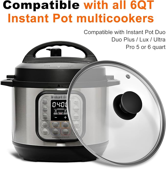 Tempered Glass Lid for Instant Pot 6 Quart, 9.1 Inch,Pressure Cooker Accessories,Replacement Parts for Instant pot,Heat Resistant Silicone Handle and Stainless Steel Rim