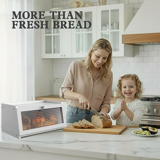Bread Box for Kitchen Countertop Large Farmhouse Bread Container Bread Storage with Window Wooden Bread Holder White