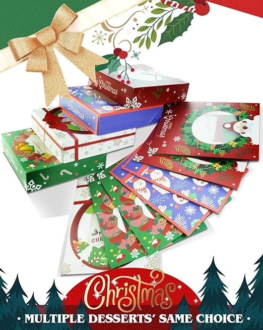 qiqee New Christmas Pie Boxes with Window 10x10x2.5 inch 30Packs Cookie Donut Bakery Box