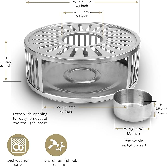 Creano Designer Stainless Steel Tea Warmer with Tea Light Holder - Tea Cosy - Stable Not Rattling - Rechaud Suitable for All Teapots
