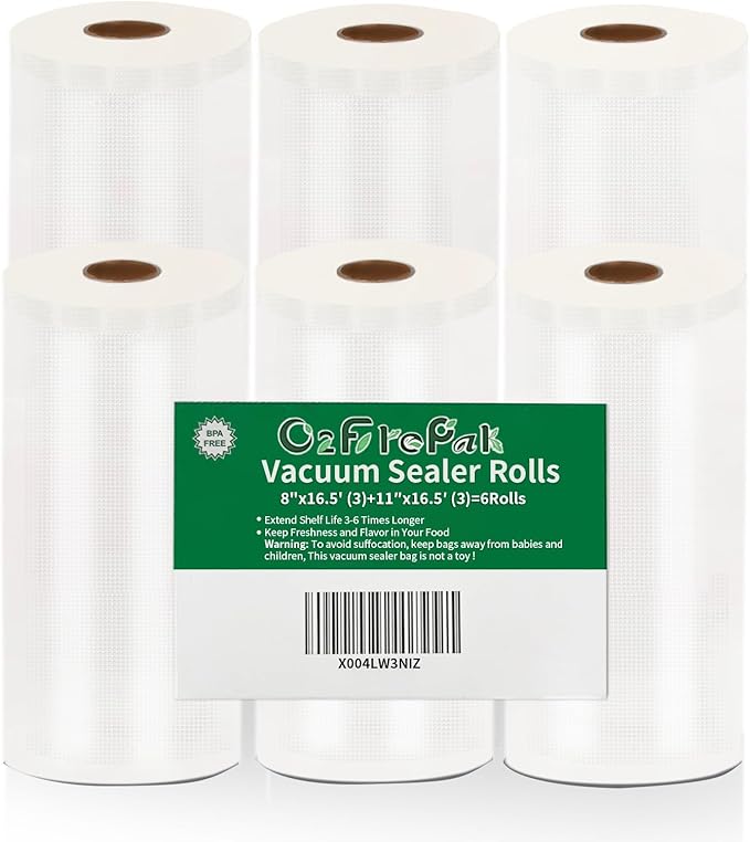 O2frepak 6Pack 8"x16.5'(3Rolls) and 11"x16.5'(3Rolls) Vacuum Sealer Bags Rolls with BPA Free,Heavy Duty Vacuum Sealer Storage Bags Rolls,Cut to Size Roll,Great for Sous Vide Cooking