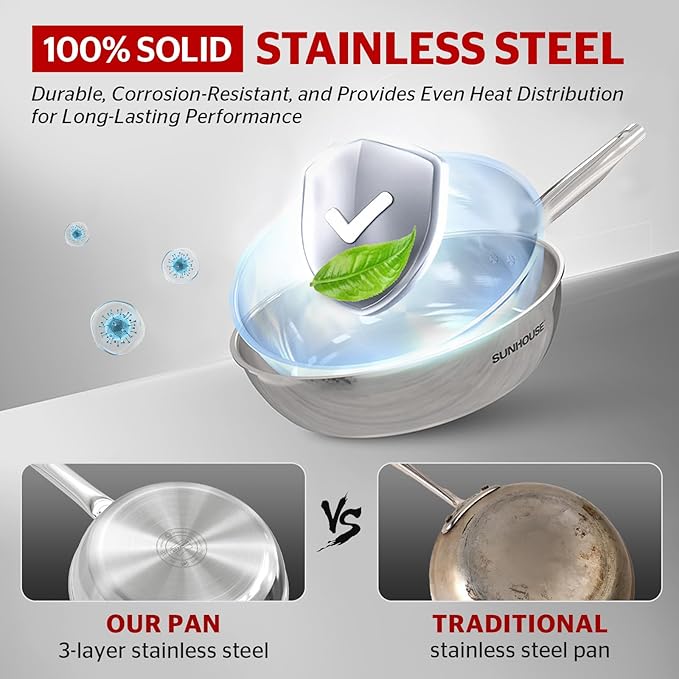 SUNHOUSE 9 Inch Tri-Ply Stainless Steel Frying Pan, Whole-Clad No Coatings Skillet with Stay-cool Handle for Cooking, Durable & Oven Safe to 500°F, Dishwasher Safe, Compatible with All Cooktops