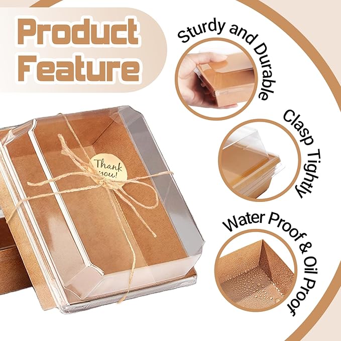 20 Pack Charcuterie Boxes with Clear Lids, 7 Inches Brown Large Square To Go Paper Bakery Dessert Treat Boxes, Disposable Food Containers for Sandwich Cookie Brownie Slice Cake Strawberry Snack