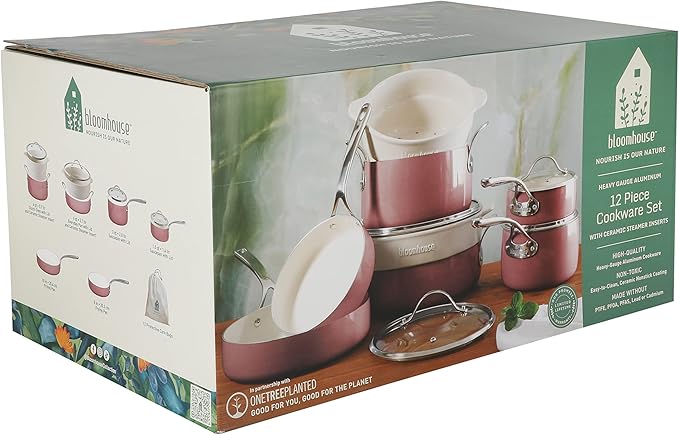 Bloomhouse 12 Piece Aluminum Pots and Pans Cookware Set w/Non-toxic Ceramic Non-stick, Ceramic Steamer Insert, & 12 Protective Care Bags - Pink Orchid