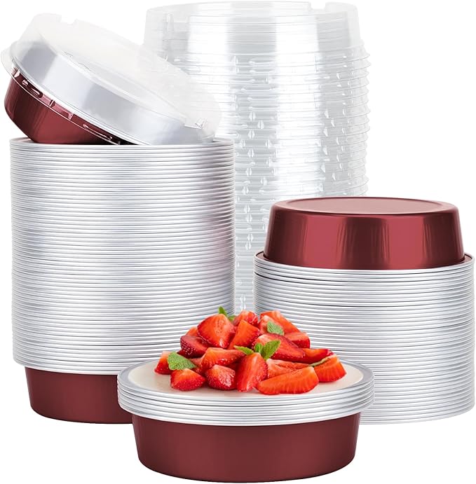 Beasea Disposable Mini Pie Tins with Lids, 100 Pack 4” 7.3oz 215ml Small Round Aluminum Baking Tart Foil Container for Individual Dessert Cupcake Cheesecake Ramekin Quiche Oven Dishes - Wine Red