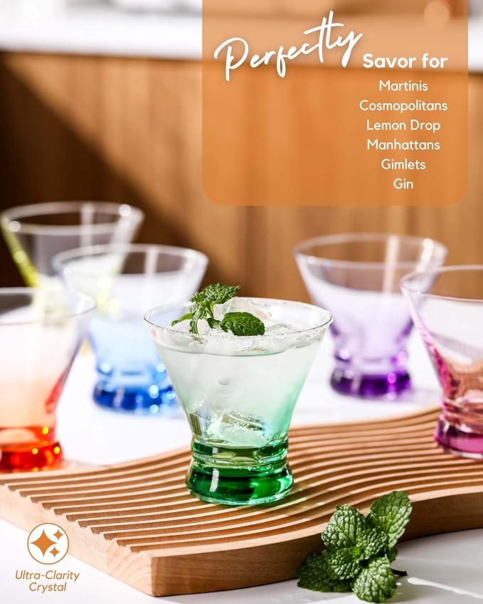 ColoVie Martini Glasses Set of 6 - Cocktail Glasses - 8oz Stemless Margarita, Bar, Dessert Glass - Colored Liquor Drinking Glassware - Cosmo, Manhattan, Espresso Martini - Cocktail Party Gift for Her