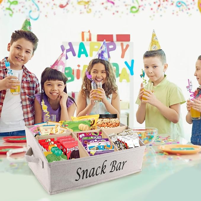 Snack Organizer for Countertop, Fabric Snack Organizer with Handles, 6 Compartment Snack Box Container Snack Basket, Snack Bar Station, Kitchen Pantry Organization and Storage - Khaki