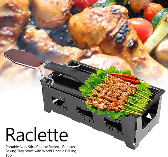 Non-Stick Cheese Raclette, Portable Candlelight Cheese Raclett, Cheese Melter Pan with Foldable Wood Handle, Rotaster Baking Tray Stove Set