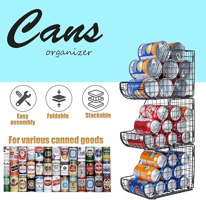 X-cosrack Stackable Can Organizer for Pantry 3Pack，Standing Dispenser Storage Bins,Metal Wire Basket Beverage Pop Soda Rack Stand Kitchen Pantry Countertop Cabinets,Stacking Canned Food Holder