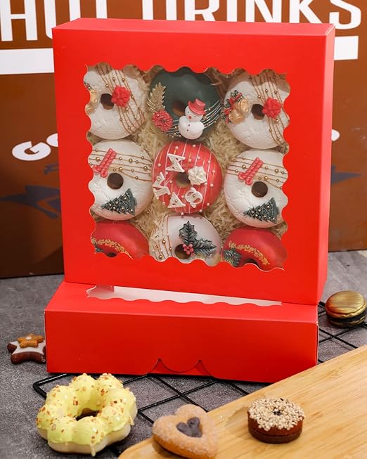 qiqee Auto-pop up Red Pie Boxes with Window 10x10x2.5 inch 30Packs Cookie Donut Bakery Box