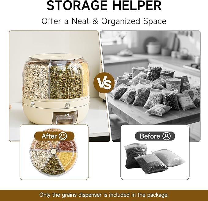 Rice Dispenser | 360° Rotating Grain Storage Bin - 6 Grids, 20LBS Large Capacity Food Container, Moisture-Proof, One-Click Output for Rice, Beans & Pet Food - Kitchen Pantry Organizer