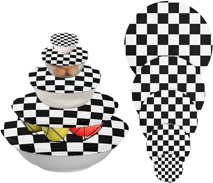 5 Pcs Bowl Covers Reusable in 5 Size Elastic Food Cover Cloth Lids Fresh Keeping Dish Cookware Bakeware Fabric Covers Lids for Food Leftovers Fruits Storage Checkered Black and White