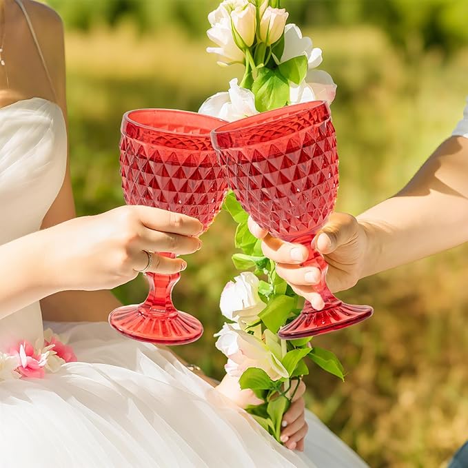 24 Pcs Vintage Wine Glasses, 10 Ounce Colored Glass Water Goblets, Unique Embossed Pattern High Clear Stemmed Glassware Wedding Party Bar Glass Drinking Cups, Diamond Red Glasses Set of 24