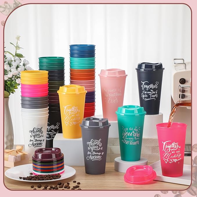 Pickmesh 60 Pcs Employee Appreciation Gifts Christmas Thank You Gift for Team Building 16 oz Teacher Plastic Coffee Cup with Lid Inspirational Travel Tumbler for Coworker Staff Pastor (Colorful)
