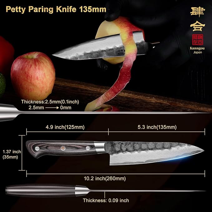 Black Forged Japanese Knives with High Carbon Stainless Steel and Full Tang Pakkawood Handle, Kitchen Knife with Premium Box (5 Inch Paring Knife)