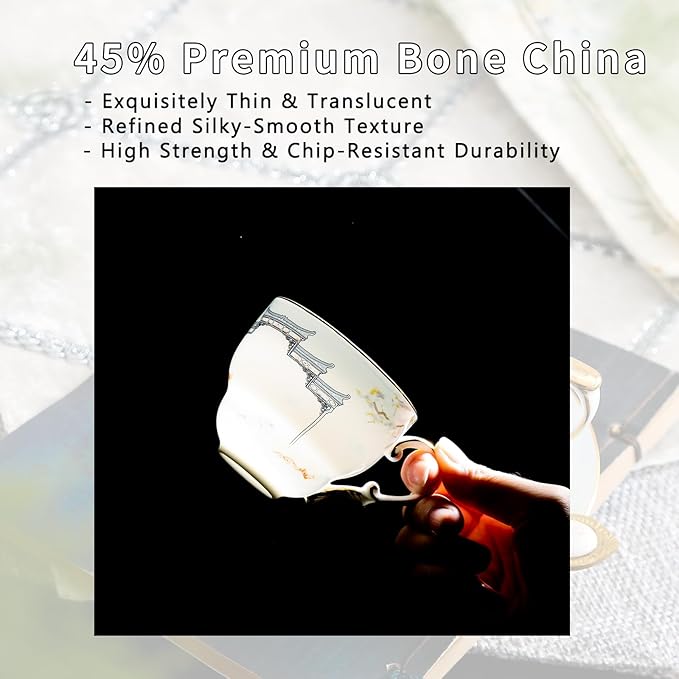 Vintage Tea Cup and Saucer Set, Bone China Cup with Gold Trim, Ceramic Coffee Cup with Saucer and Spoon, Dishwasher Safe, Food Grade Chinese Style Cup for Tea Party, Gifts Giving, 6.8 oz