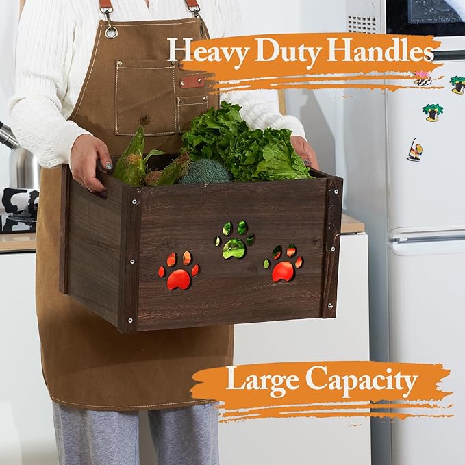 Wooden Crates 2 Pack, Hollow Claw Wooden Crates for Display & Storage, Farmhouse Handmade Wood Crate with Handles, Rustic Large Decorative Wood Crate Box for Display