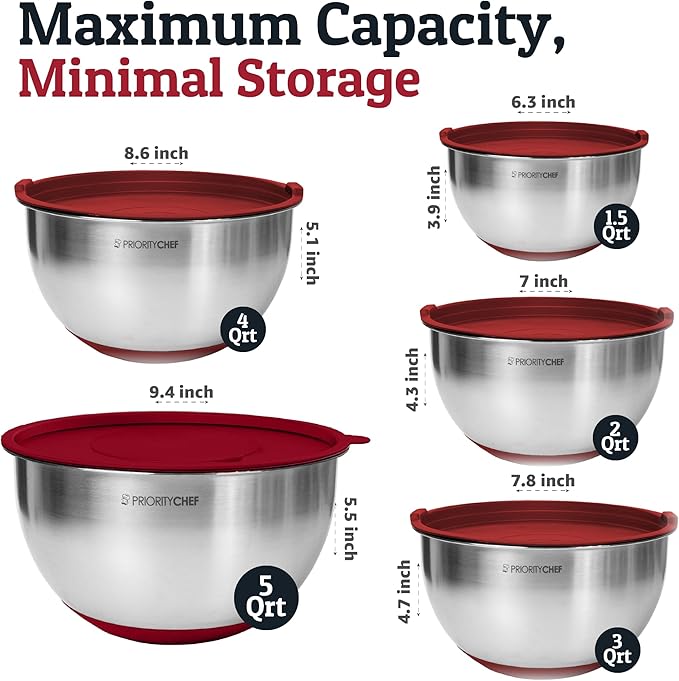 Priority Chef Stainless Steel Mixing Bowls with Lids Set, 3 Grater Attachments, Airtight Lids, Non-Slip Silicone Base Mixing Bowl Set, Large Prep Metal Mixing Bowls for Kitchen, Green