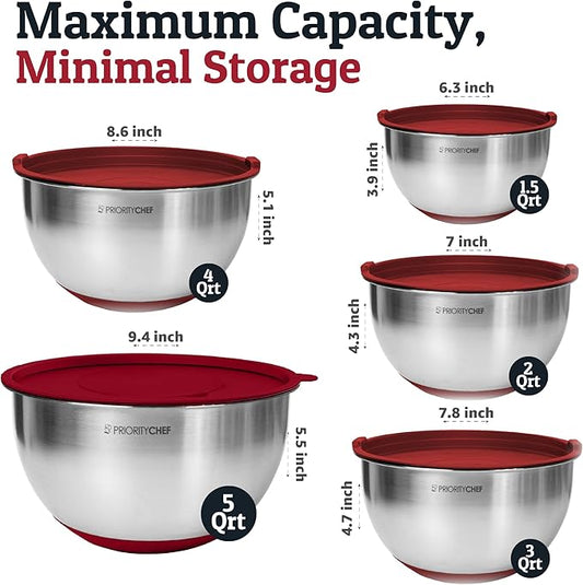 Priority Chef Stainless Steel Mixing Bowls with Lids Set, 3 Grater Attachments, Airtight Lids, Non-Slip Silicone Base Mixing Bowl Set, Large Prep Metal Mixing Bowls for Kitchen, Green
