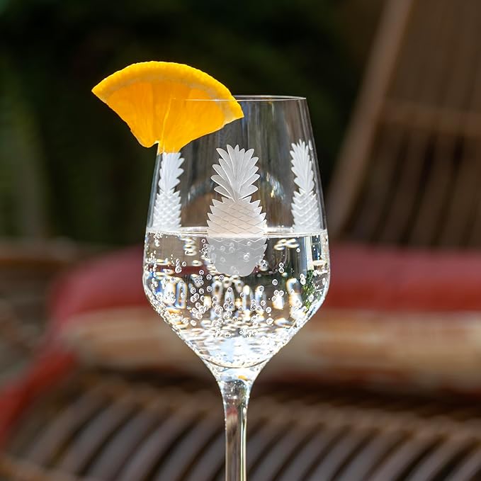 Rolf Glass Fresh Pineapple White Wine Glass | 10.75oz | Lead-Free and Diamond-Wheel Engraved | Engraved in the US | Tropical Glassware with Etched Pineapple Design | Set of 4