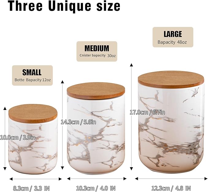 White Ceramic Canister Set with Wooden Lid, 3-Piece Food Storage Jars for Kitchen Counter, Storage Container for Sugar, Coffee, Tea, Spice