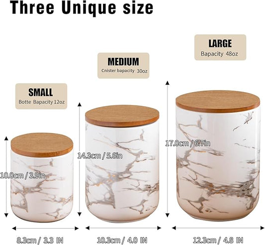 White Ceramic Canister Set with Wooden Lid, 3-Piece Food Storage Jars for Kitchen Counter, Storage Container for Sugar, Coffee, Tea, Spice