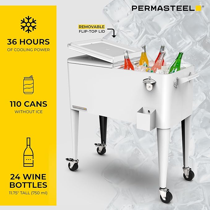 Permasteel 80 Quart Party Cooler, Rolling Ice Chest with Wheels and Handles for Indoor Outdoor Patio