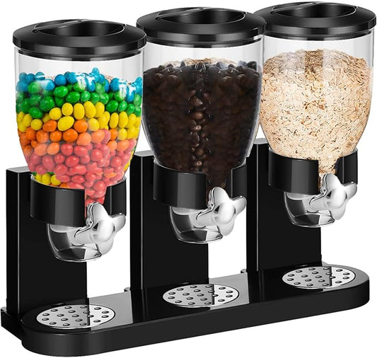 Umigy 1 Pack Triple Indispensable Dry Food Dispenser 67oz Each Capacity Cereal Container for Storage Preserving Dispensing Kitchen Rice Candy Nuts Dog Food Granola Snack Gumball Countertop (Black)